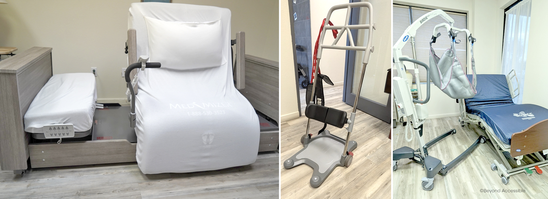 photos of our specialty products, including a MedMizer Bed, sit to stand lift, and a floor patient lift and long term care bed.