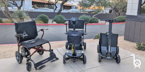 portable powerchair and travel scooters in front of the Scottsdale Airport