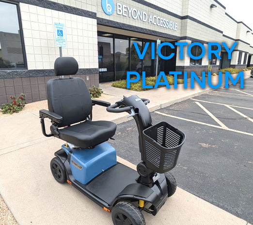 Pride Victory Platinum Scooter in front of the Beyond Accessible store