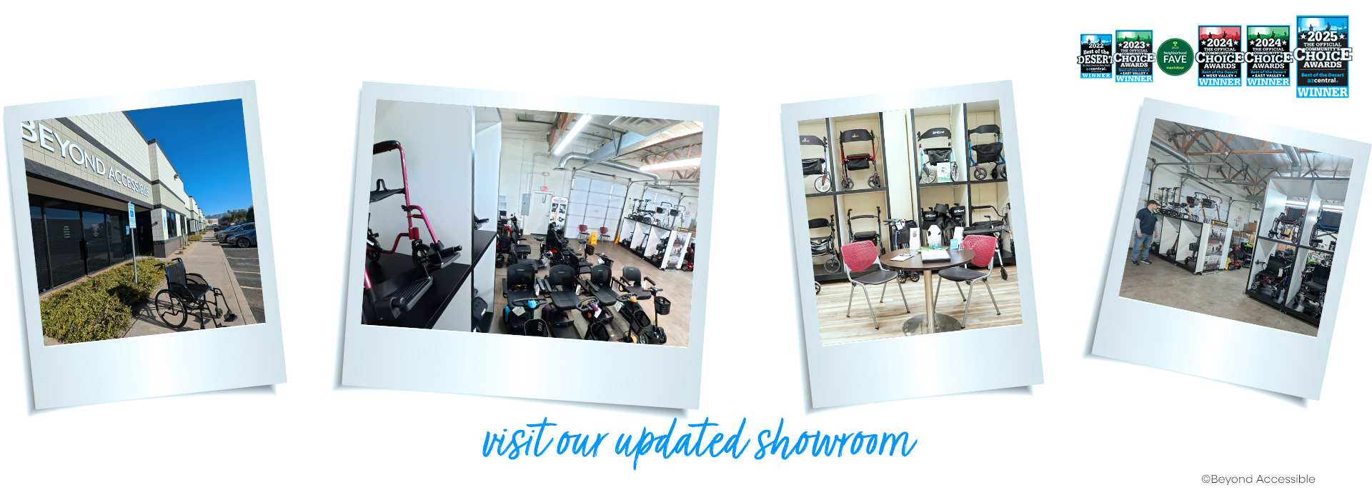 polaroid photos of our showroom with "visit our updated showroom" under in blue scripted ink