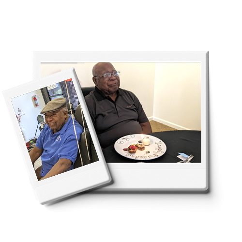 two polaroid photos of a man sitting in a scooter and in front of his birthday dessert.