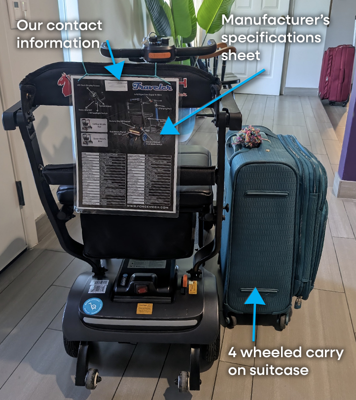 Scooter with a suitcase next to it. Arrows pointing to contact information, manufacturers spec sheet and suitcase with 4 wheels