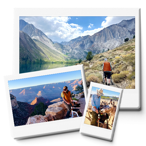 Roy pushing a rollator on a hiking trail in Mammoth, CA, with donkeys in AZ and in the Grand Canyon