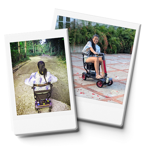 Stephanie on a travel folding scooter in Jamaica