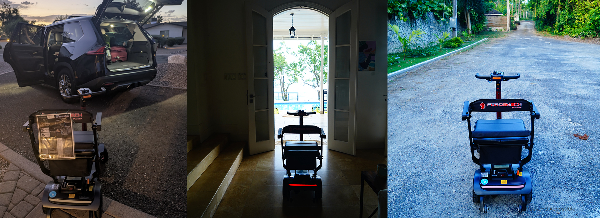 3 photos of a scooter in front of a car filled with suitcases, in the doorway overlooking the ocean, and on the road in a Jamaican neighbourhood.